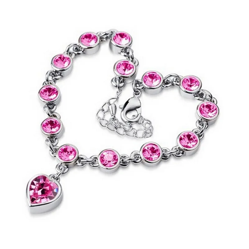 

Fatpig Elegant Silver Color Women Female Chic Heart Drop Pink Crystal Wrist Chain Bangle Bracelets Wedding Party