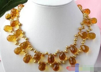 

HOT## Wholesale FREE SHIPPING >>> 2ROW FACETED CITRINE CRYSTAL GOLD FW PEARL NECKLACE