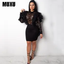 MUXU черный кружево платье женские, сексуальные, прозрачные bodycon vestido с длинным рукавом сетки платья с оборками vestidos вечерние Клубные Одежда