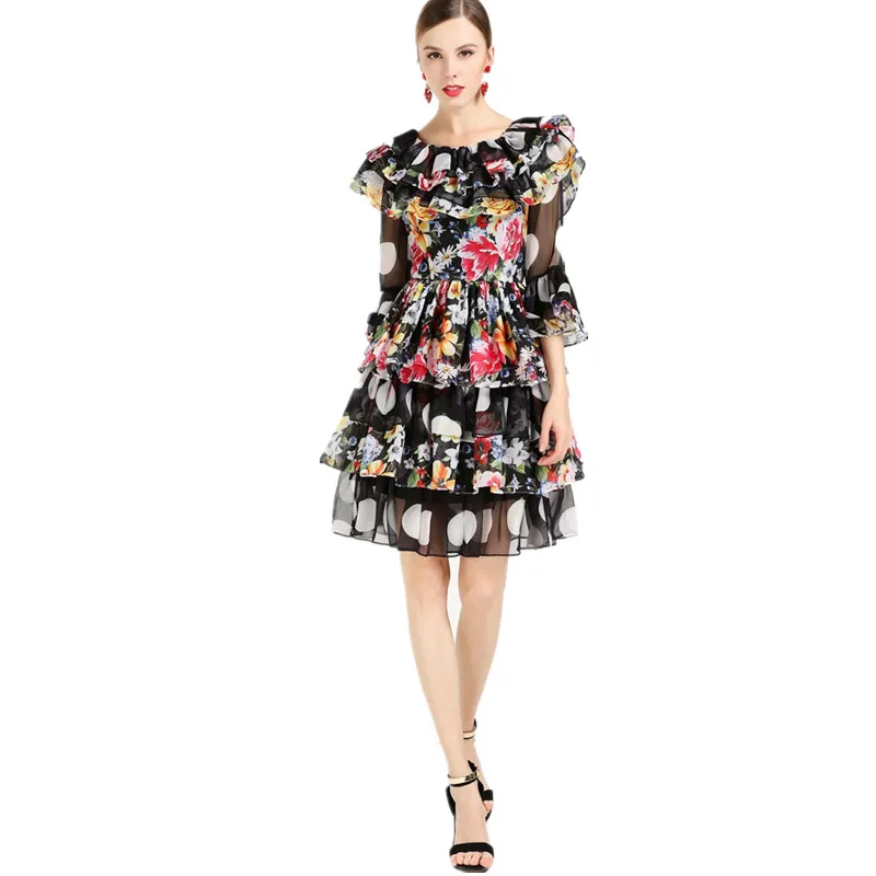 

Runway Designer 2019 Spring Summer Dress Women's Sexy V Back Vintage Polka Dot Floral Print Flare Sleeve A-Line Ruffle Dress