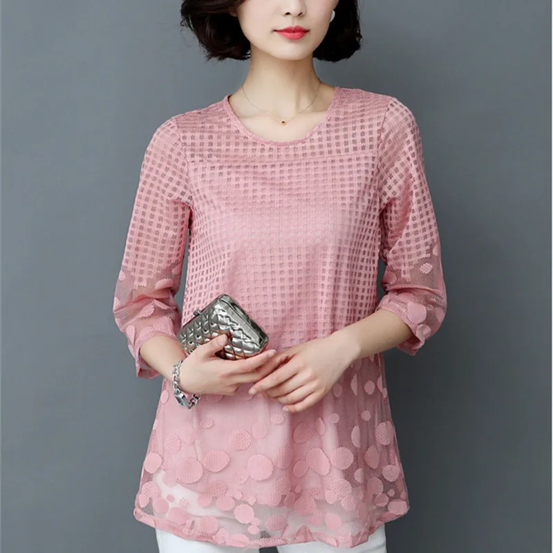 Vente 5XL Femmes Printemps Été Mode Élégante Dentelle Chemisier En Mousseline de Soie 3 4 Manches Sexy Tops Plus La Taille Femmes Nouveau Sexy Lâche vêtements