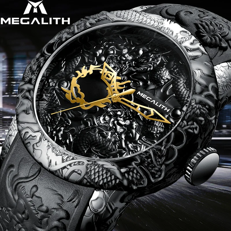 

MEGALITH 3D Sculpture Dragon Watch For Mens Waterproof Rubber Strap Quartz Watches Big Dial Sport Wrist Watch Relogio Masculino