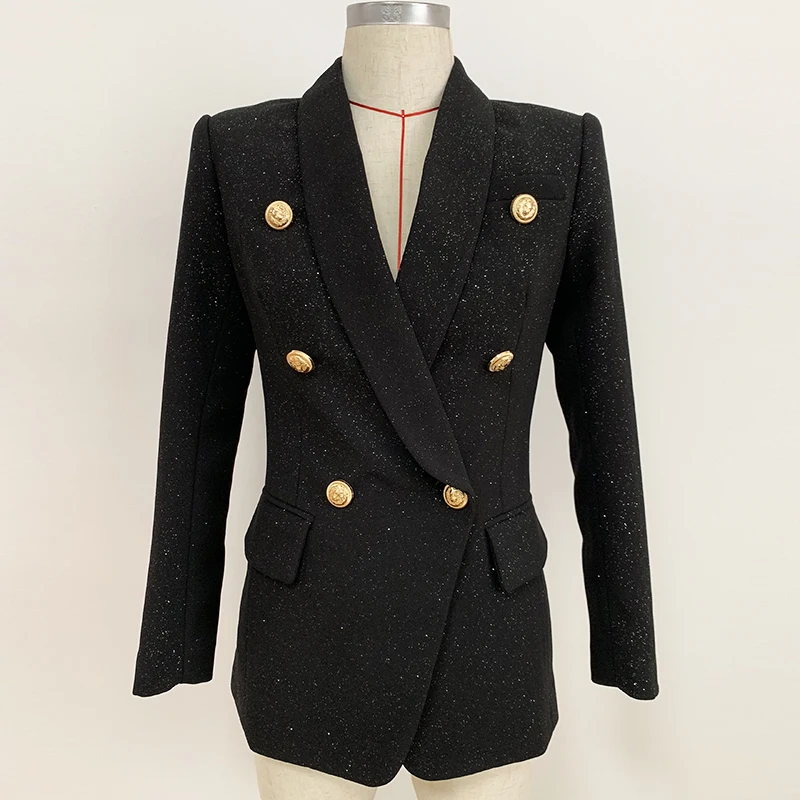 

EXCELLENT QUALITY Newest 2019 Baroque Designer Blazer for Women Shawl Collar Lion Buttons Double Breated Glitter Long Blazer