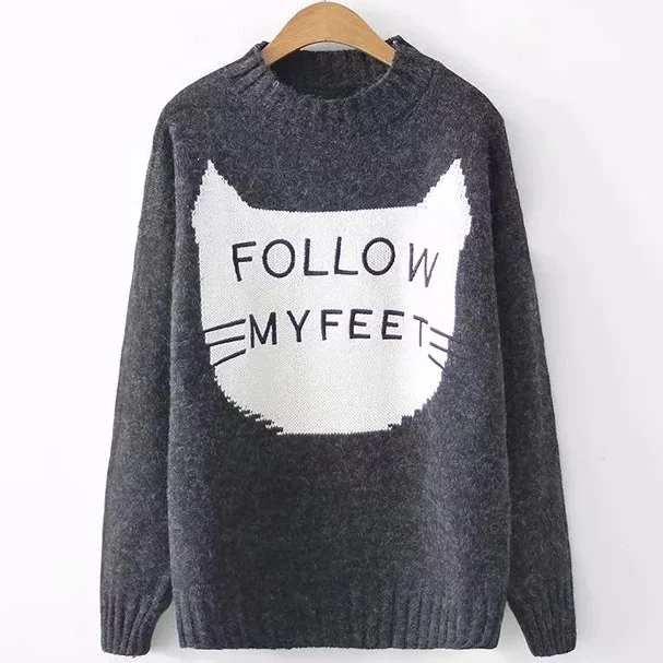 

Winter New Women Harajuku Cute Cartoon Cat Face Pullover Sweater Female Knitted Long Sleeve Sweaters Tricot Pull Femme