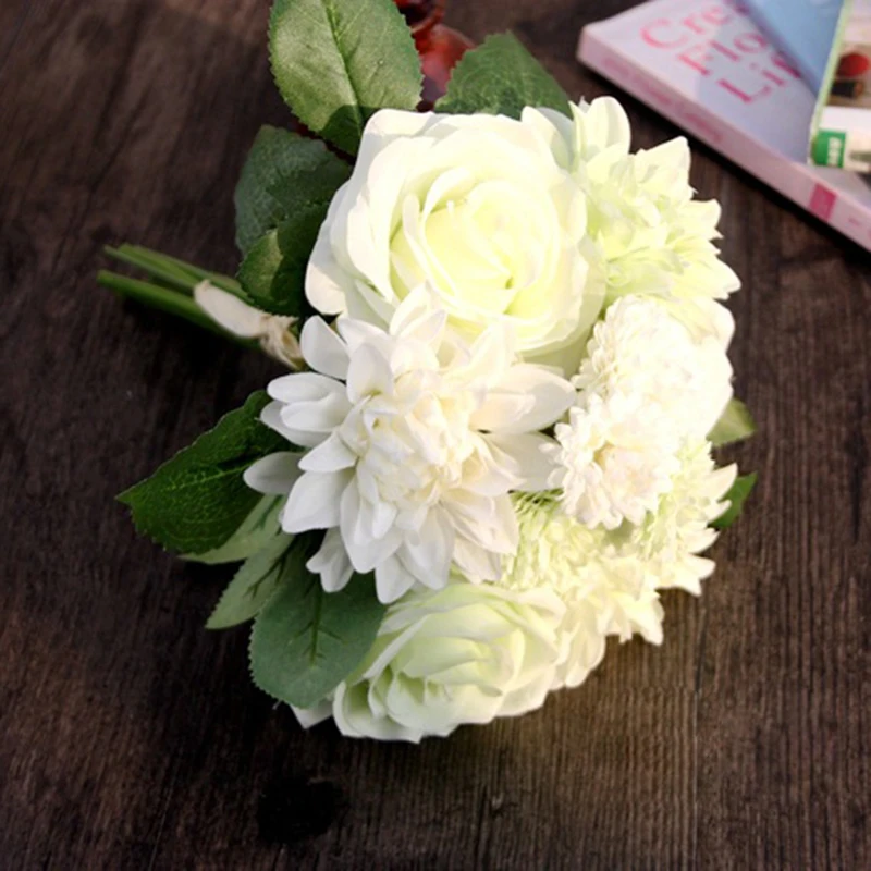 Цветок свадебный букет роз георгины Искусственные цветы Осенняя яркая Поддельные leaf Свадебные цветы Свадебные букеты Оформление