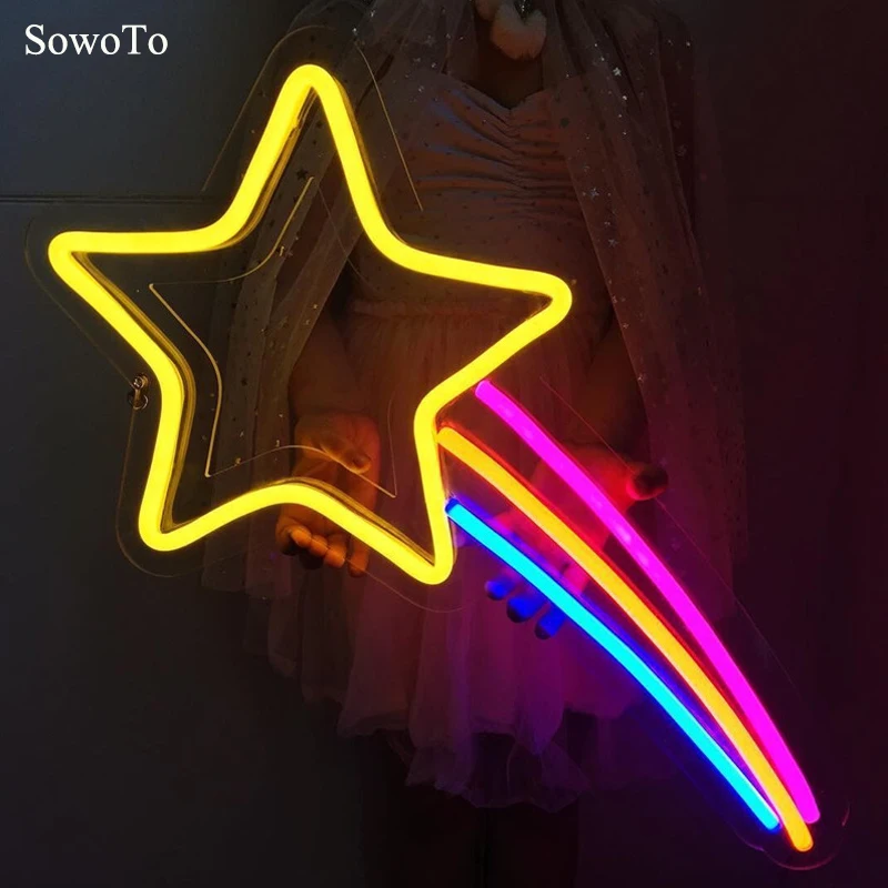 Cute Rainbow Star Decor 3D Cloud Cactus Night Light South Korea Style LED Wall Lights For Led ...
