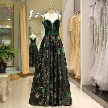 

Green Evening Dresses 2019 Vintage Velour Top Embroidery Satin Spaghetti Straps Elegant Floor Length Sweetheart Neck Prom Gowns