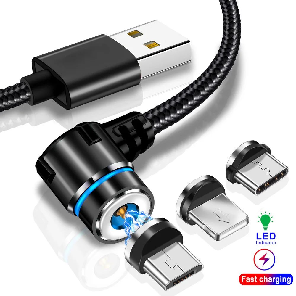 5А Магнитный зарядный USB кабель 90 градусов L type C Micro для освещения IPhone 7 8 X нейлоновая оплетка для XIAOMI samsung S9 3 в 1