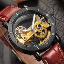 2018 золотистый и черный для мужчин's Элитный бренд автоматический деловые часы выдалбливают Прозрачный часы с костями пояса из натуральной