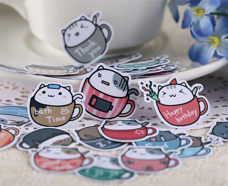 40 pcs Coffee cup cat Sticker for Kid DIY Laptop Waterproof Skateboard Moto phone Car Toy Scrapbooking Stickers