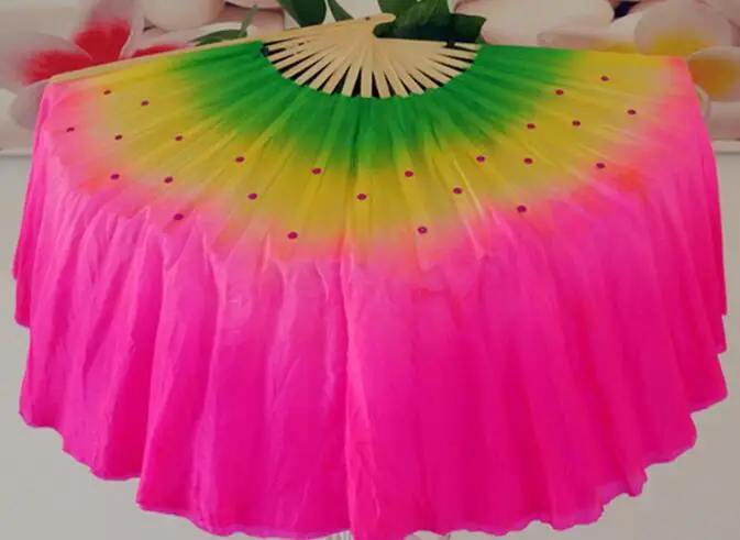 

Free Shipping Cheap Imitation Silk Belly Dance Fan Veils Women Dancer Practice Bamboo Folding Fan Gradient Color Pink Green