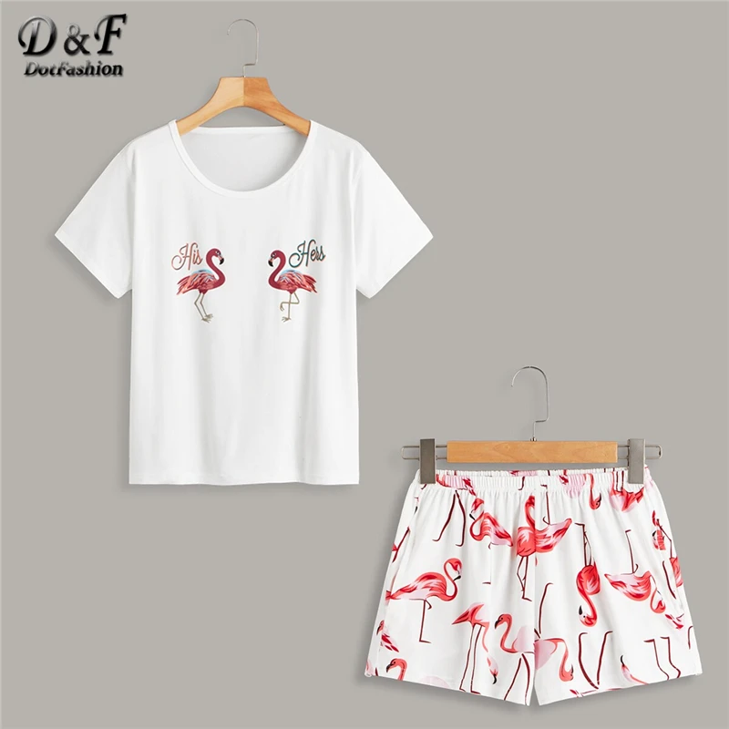

Dotfashion White Flamingo And Letter Print Pajama Set 2019 Summer Casual Pajamas For Women Spring Ladies Short Sleeve Loungewear