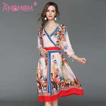 

2018 New Runway Fashion Designer Dress Bohemain V-neck Women's Elegant Sexy Butterfly Floral Print Dress AMBMCM