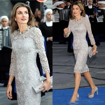 

Fashion Gray Knee Length Mother Of The Bride Dresses Elegant Jewel Long Sleeve Sheath Mother Formal Party Gowns Cheap