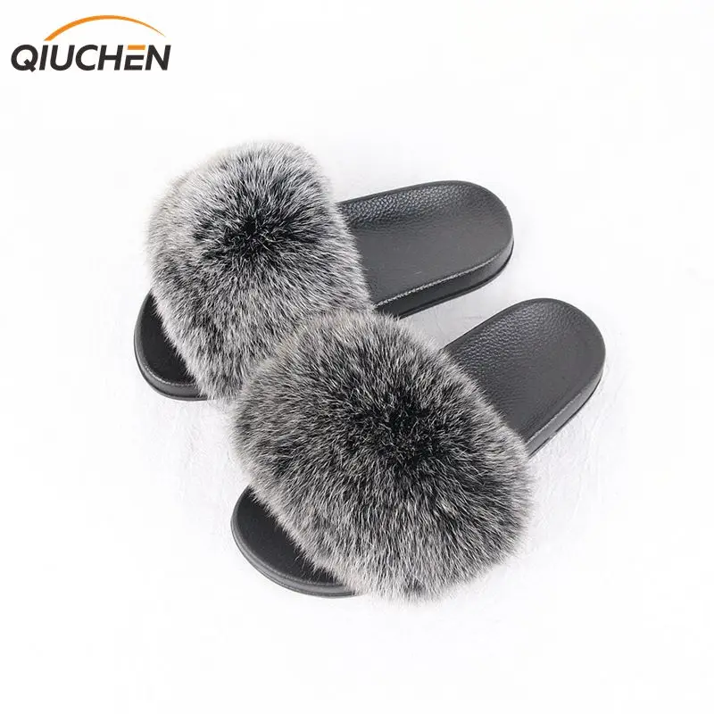 Новое поступление модные тапочки QIUCHEN для девочек с натуральным лисьим мехом