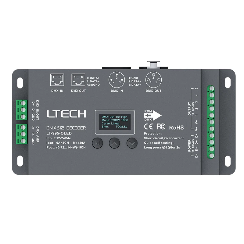 

New Ltech Led DMX Decoder DC12V -24V input;6A*5CH Max 30A 720W output RGB/RGBW Led CV Decoder XLR-3/RJ45 Connector OLED screen