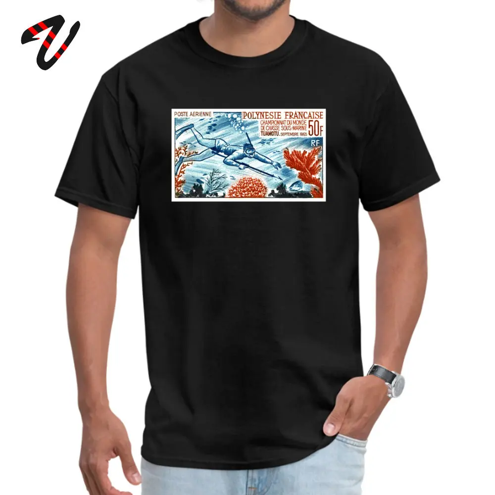 Europe Round Neck Tshirts Autumn Tops Tees Short Sleeve Newest 100% Cotton Summer Tees Casual Men's Free Shipping 1965 French Polynesia Spearfishing Postage Sta black