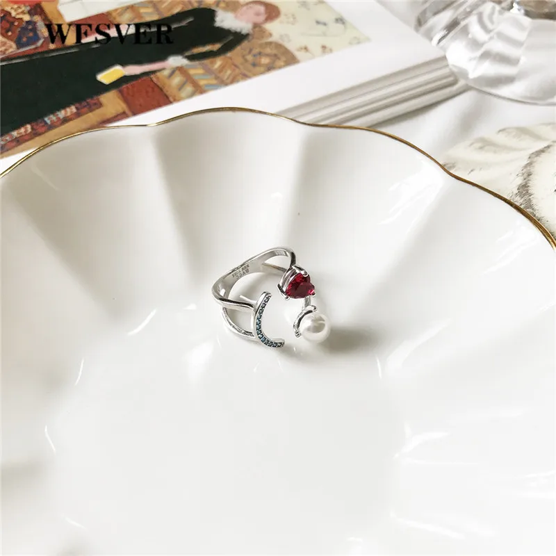 

WFSVER 925 sterling silver ring for women smiley face shape with red crystal pearl opening adjustable rings fine jewelry gift