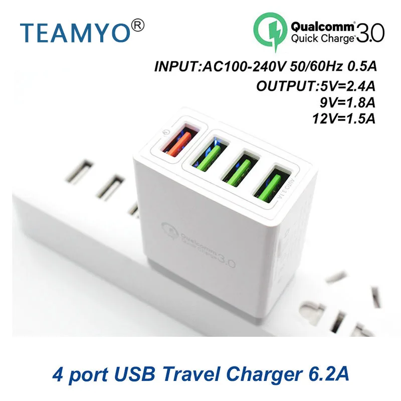 

4 Ports travel charger 6.2A Quick Charge 3.0 USB Charger Fast Charger For Samsung Galaxy S8 Xiaomi 5 iPhone Adapter EU/US Plug