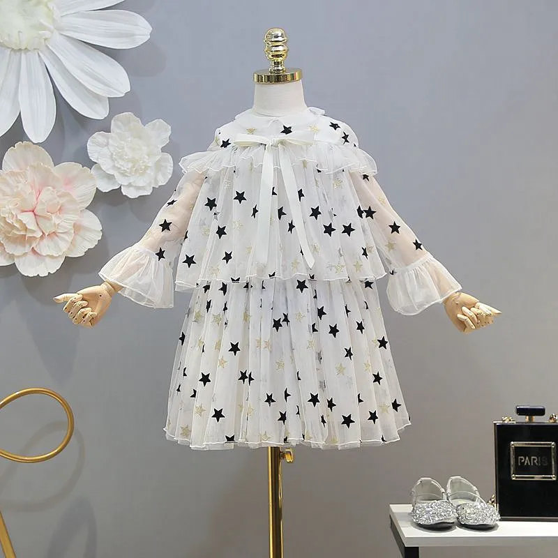 

Children's dress 2019 spring new girls mesh stitching A-Line sleeves star print long sleeve dress