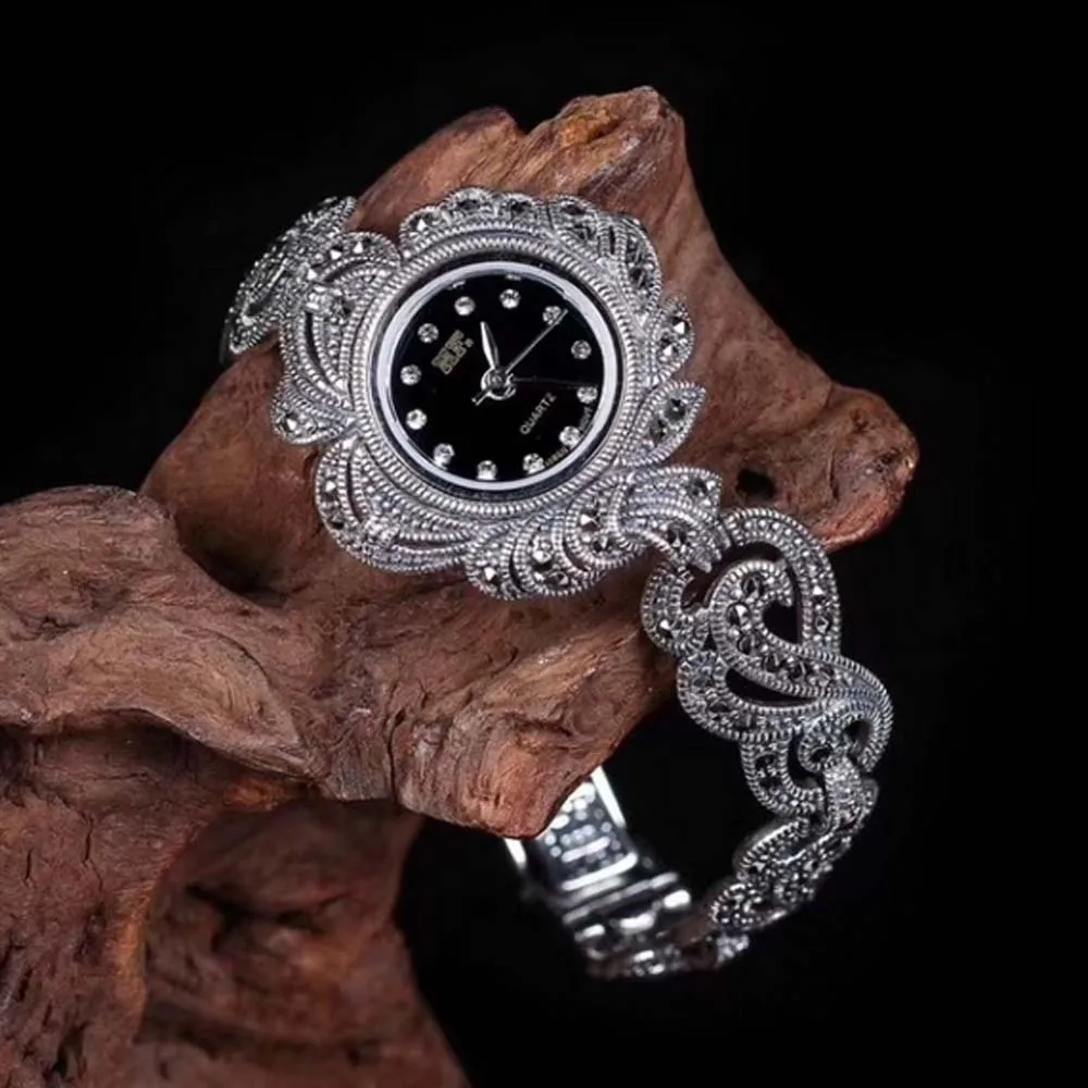 Для женщин листья стиль проложить марказит Тайский 925 пробы Серебряные Наручные часы Настоящее чистое серебро браслет часы Настоящее серебро браслет