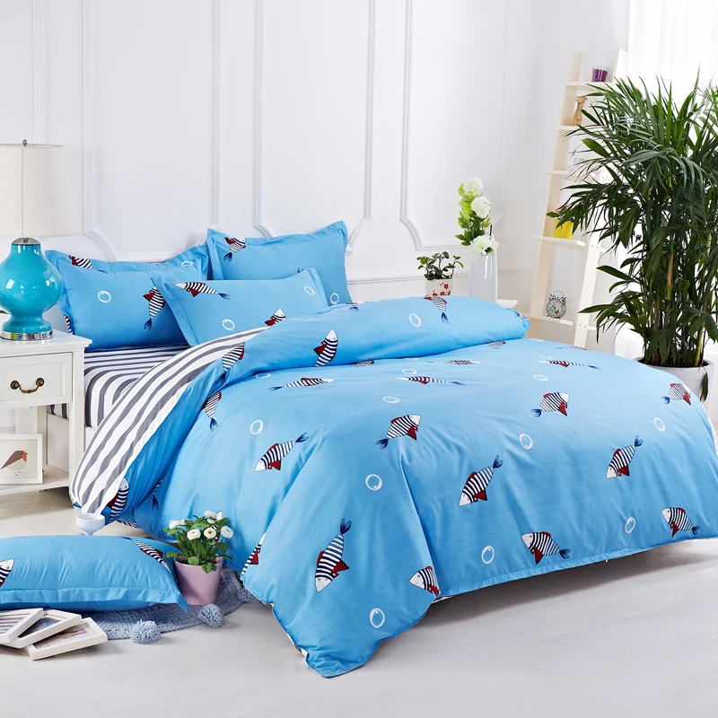 

Blue Card Small Fish Pattern Bed Linens Polyester Cotton Soft 4Pcs Bedding Sets Bed Set Duvet Cover Bed Sheet Mans Cover Set