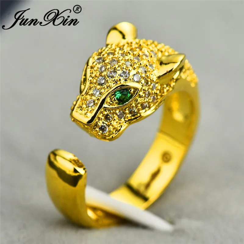 JUNXIN женские и мужские кольца с леопардовой головой для пары, 925 серебро, розовое золото, заполненное белым кристаллом, кольцо с зеленым камнем для мужчин и женщин - Цвет основного камня: Yellow Gold Ring