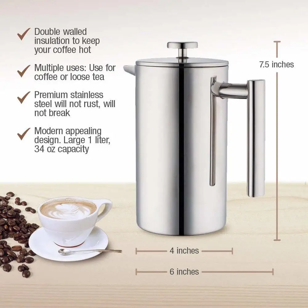 

2019 Stainless Steel Screen French Press Coffee Plunger Press Pot Best Tea Brewer & Maker Premium Double Walled 350/800/1000ML