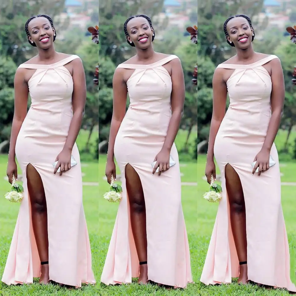 Sexy Halter Mermaid Wedding Guest Dress Long Light Pink Sleeveless Formal Dress for Wedding Party Robe Demoiselle D'honneur