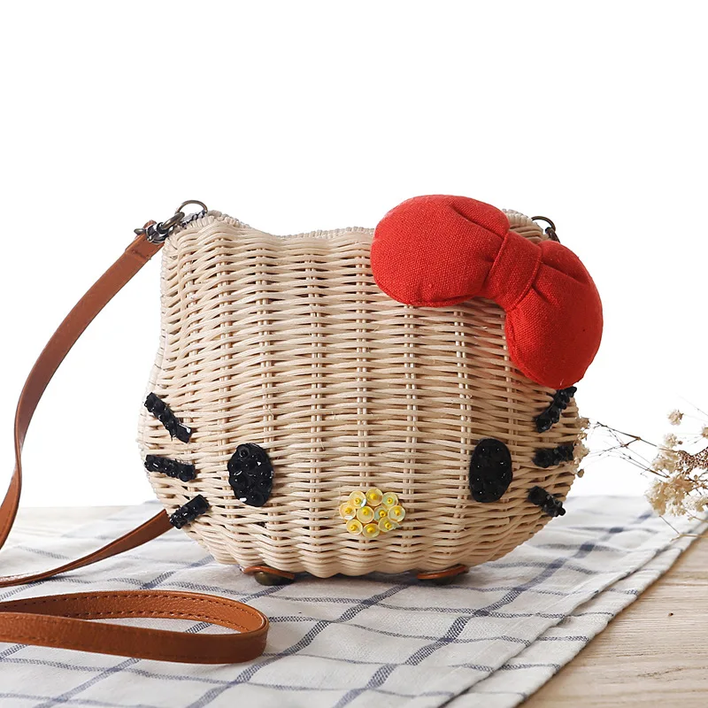 Рисунок Hello Kitty Для женщин Соломенных Пляжная сумка девушки мультфильм ткань из