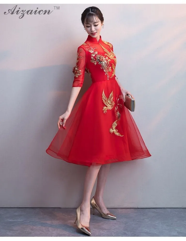 Красные Короткие платье Чонсам традиционных девочек китайский новогодние костюмы Qipao вечерние платья Oriental Qi Pao халат Chinoise