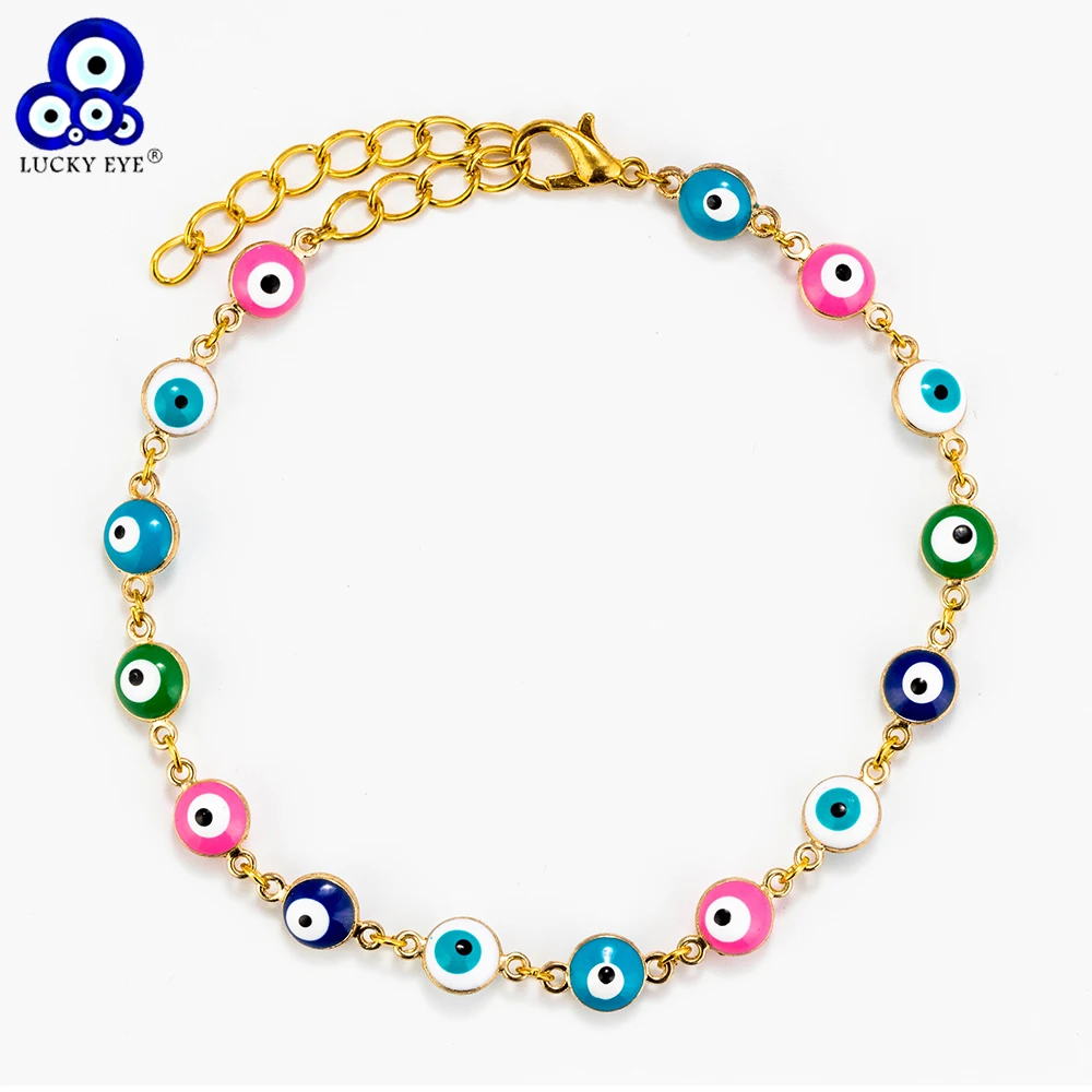 

Lucky Eye Colorful Beaded Bracelet Anklet Drop Oil Evil Eye Beads Bracelet For Women Men Link Chain Jewelry Adjustable EY6145