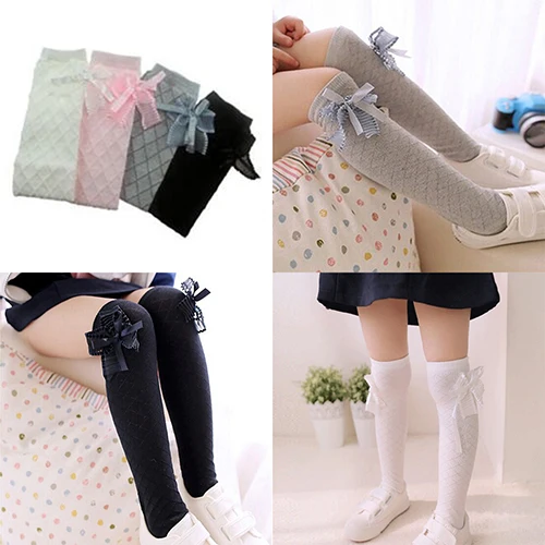 

Girls Kids Cotton Tights School High Knee Gridding Bow Dance Stockings