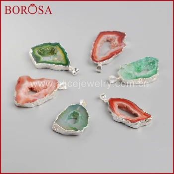 

BOROSA Druzy 5pcs Pure 92.5 Silver Color Natural Freedom Rainbow Druzy charms Crystal Geode Pendants For Necklace SS011