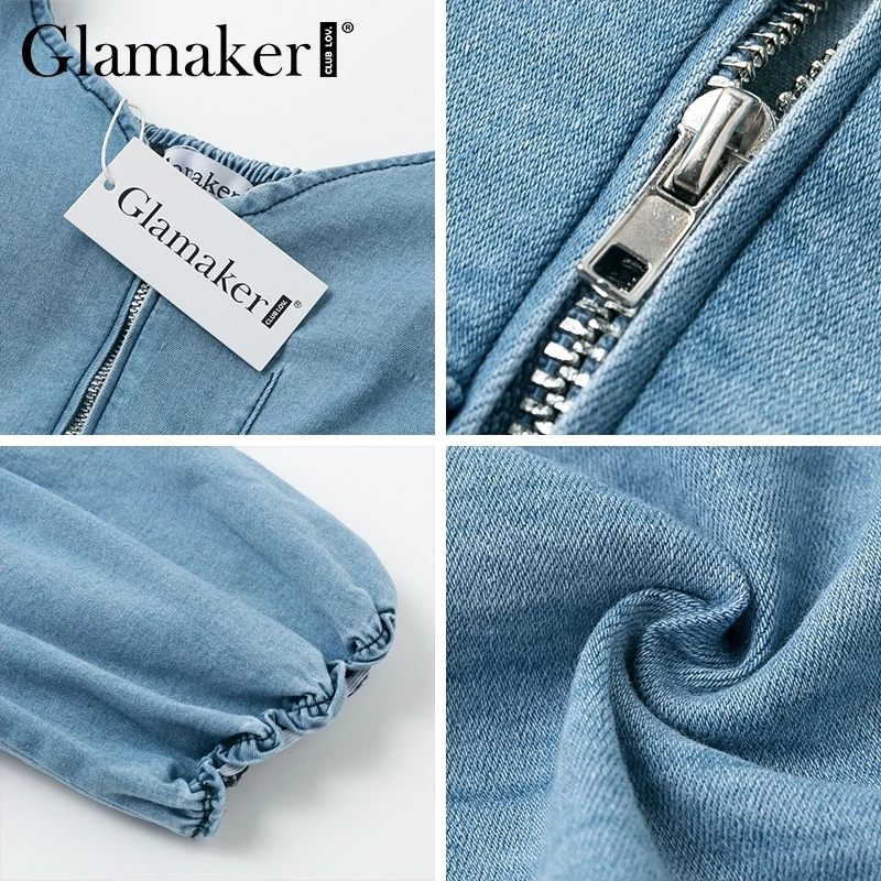 Glamaker, сексуальный синий джинсовый укороченный топ с открытыми плечами, Женский Осенний элегантный джинсовый топ, женские вечерние короткие рубашки, женские укороченные топы