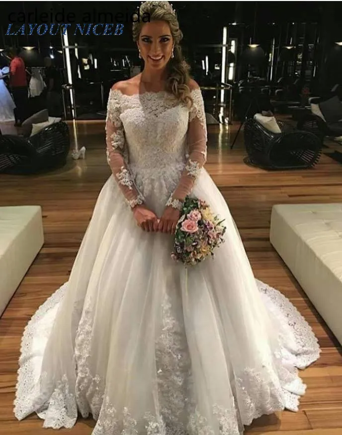 

Robe de mariee Boat Neck Long Sleeves Wedding Dress Bead Lace Appliques Vestido noiva Boda