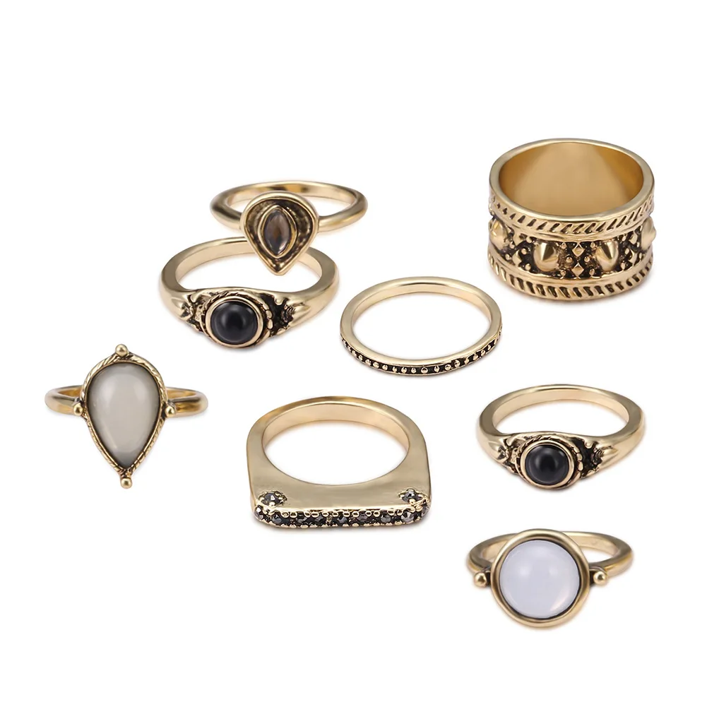 2018 New Best Selling Vintage Carved Black Alloy Ring Set 8pcs/set Popular Rhinestone Ladies Banquet Joint Accessories | Украшения и