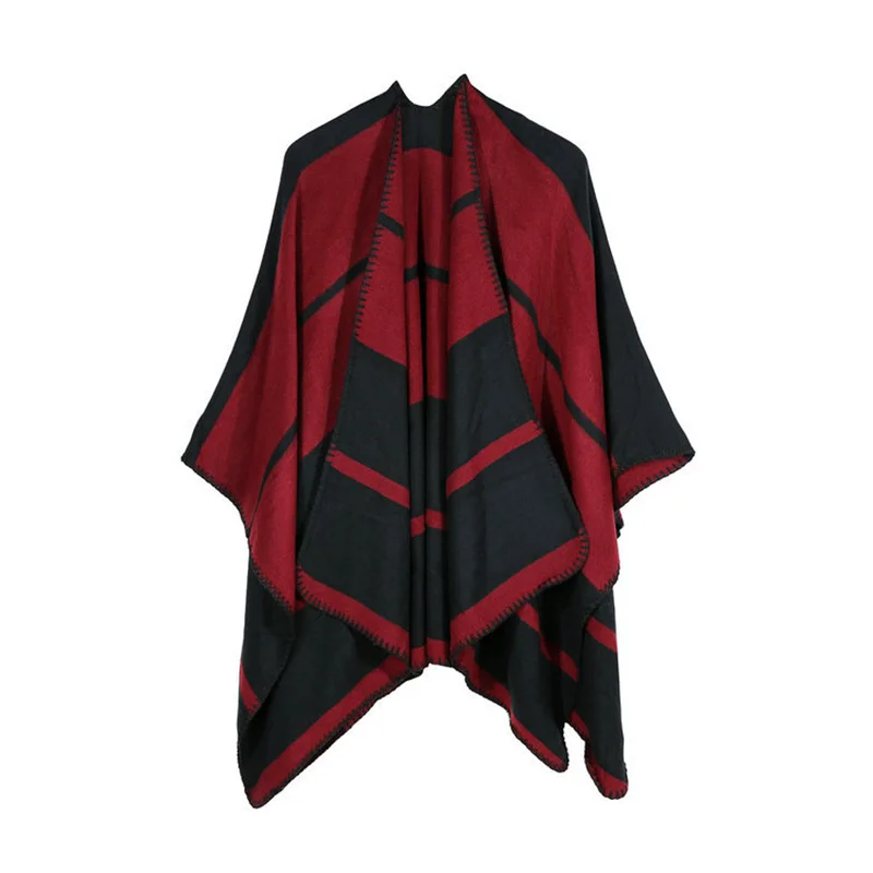 

2018 Autumn Winter Women Knitted Poncho Cape Warm Stripe Oversized Cardigan Long Scarf Cashmere Poncho Female H3