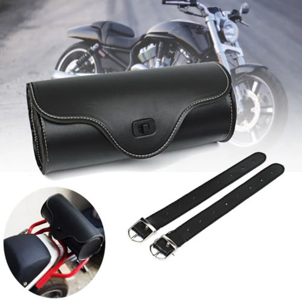 Black Motorcycle Leather Barrel Saddle Bag Luggage Tool Roll Side Bag for Harley