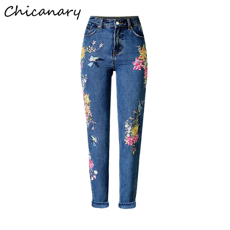 Chicanary Birds Floral Mom Embroidered Jeans High Rise Women Vintage Straight Denim Pants