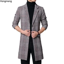 Мужское длинное пальто, зимнее шерстяное пальто Мелтон, клетчатое серое пальто с двумя пуговицами, длинные рукава, M-6XL, карман, 18NovW4, Прямая
