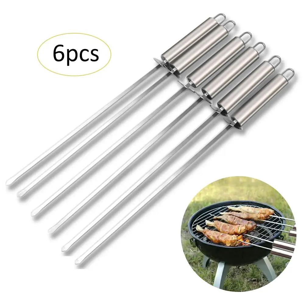 6Pcs Stainless Steel BBQ Flat Skewers Outdoors Grill Long Handle Barbecue SticSL 