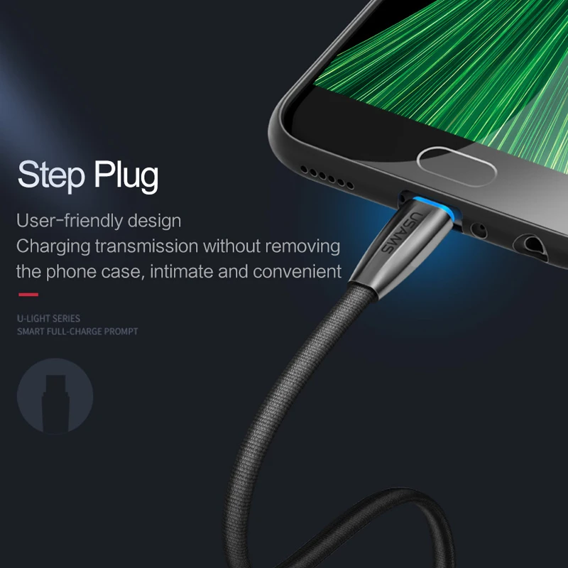 Cable Micro USB USAMS Cable rápido de carga completa inteligente Luz de cambio automático Micro Cable para Samsung Xiaomi Carga inteligente y sincronización