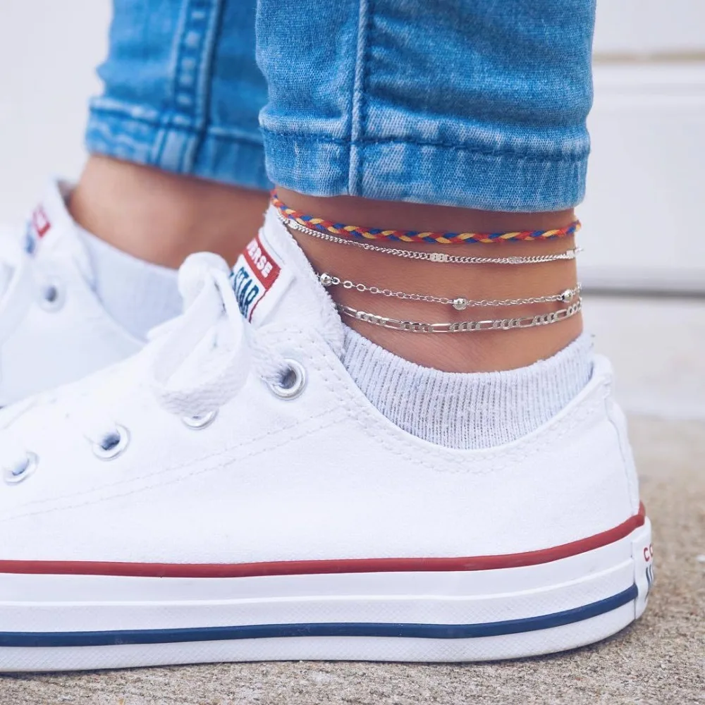 

2019 Vintage foot chain multi-layer weave rope chain alloy beads chain 4 pieces set anklets for women jewelry accessories gifts