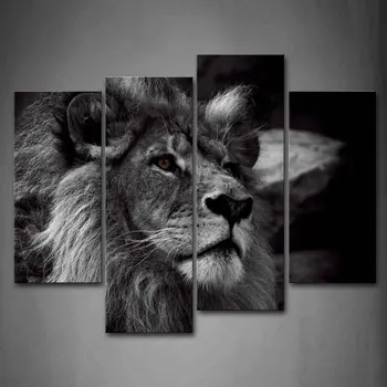 

Lion Head Portrait Wall Art Painting Black And White Gray Pictures Print On Canvas 4 Panels Modern Animal Picture For Decoration