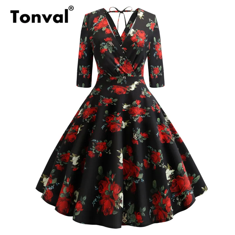 

Tonval Women Red Rose Print Deep V Neck Sexy Vintage Dresses Tie Back Party Night Black A Line Floral Retro Dress