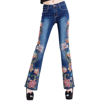 

New Woman Jeans Bell Bottom Jeans Embroidered Hand Bead High Stretch Womens Flared Pants Ladies Flowers Embroidery Blue Jeans