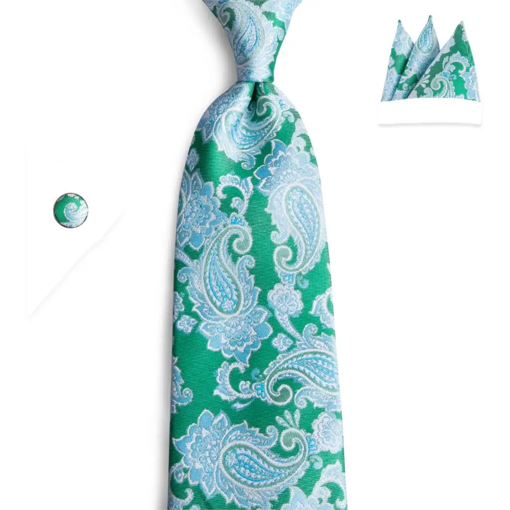 DiBanGu 2019 новый зеленый белый Для мужчин галстук 100% шелк Пейсли галстук носовой платок запонки галстук для Для мужчин Бизнес галстук комплект