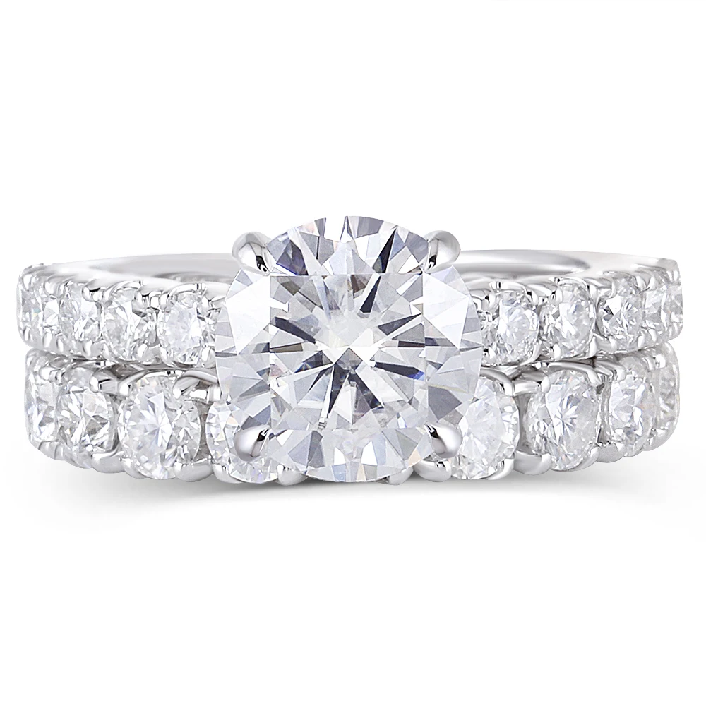 14K White Gold 3ct 9mm F Color Hearts and Arrows Cut Moissanite Engagement Ring Set with Accent(1)