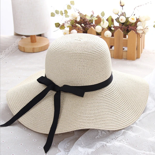 simple Foldable Wide Brim Floppy Girls Straw Hat Sun Hat Beach Women Summer  Hat UV Protect